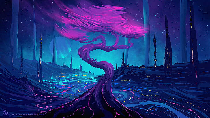 Purple Tree Blue Sky Painting Wallpaper