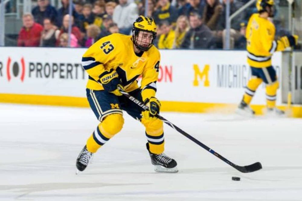 Quinn Hughes Leaning Forward While Dribbling Hockey Puck Wallpaper