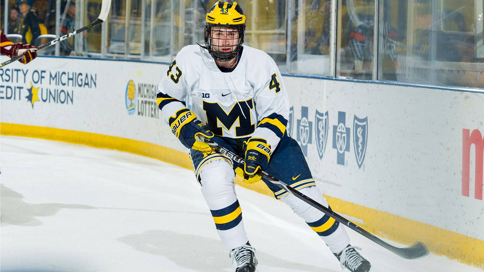 Quinn Hughes Leaning To The Right While Holding Hockey Stick Wallpaper