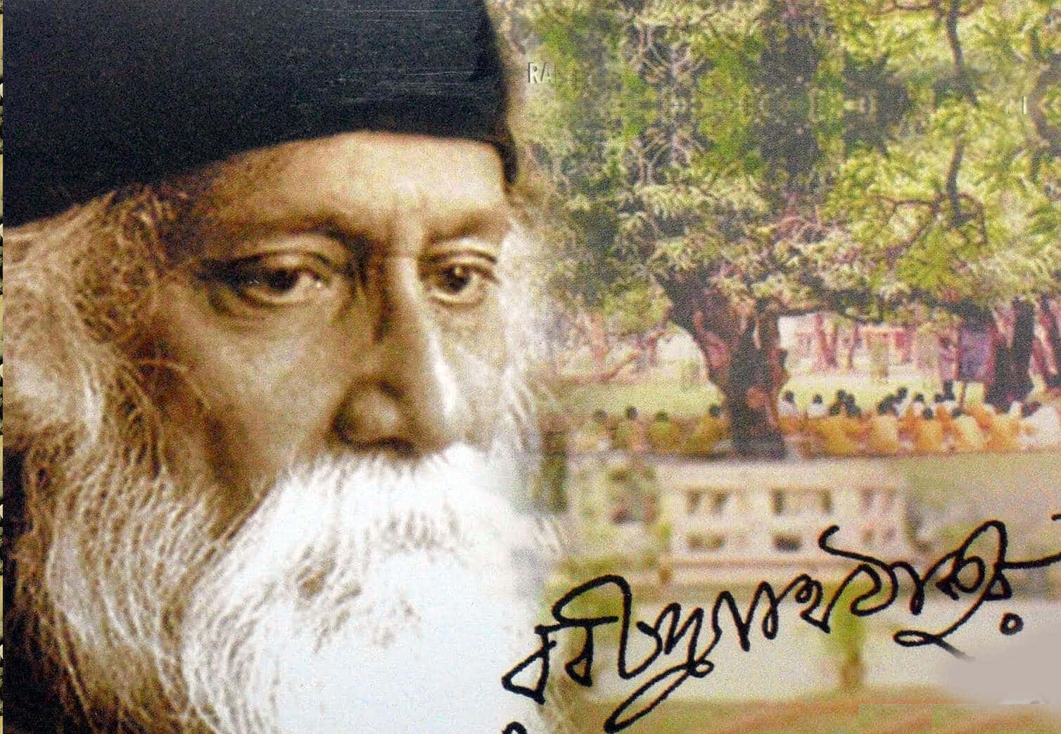 Rabindranath Tagore Portraitand Signature Wallpaper