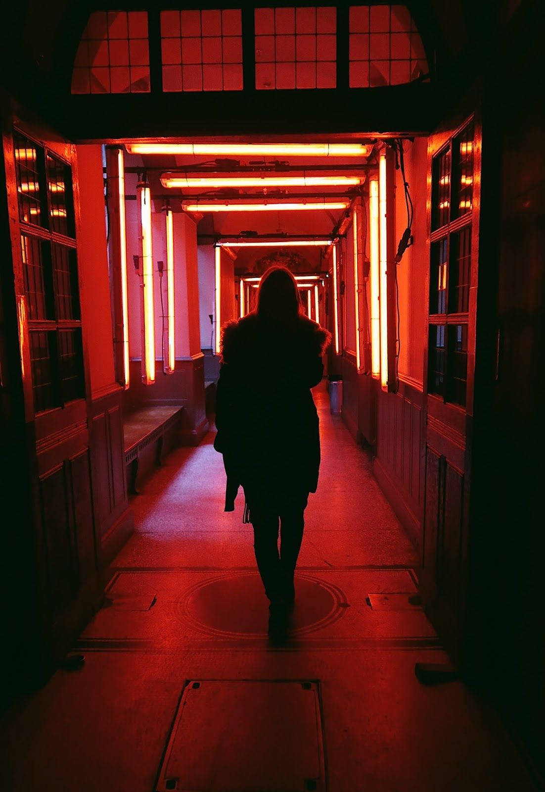 Red Aesthetic Neon Hallway Walk Wallpaper