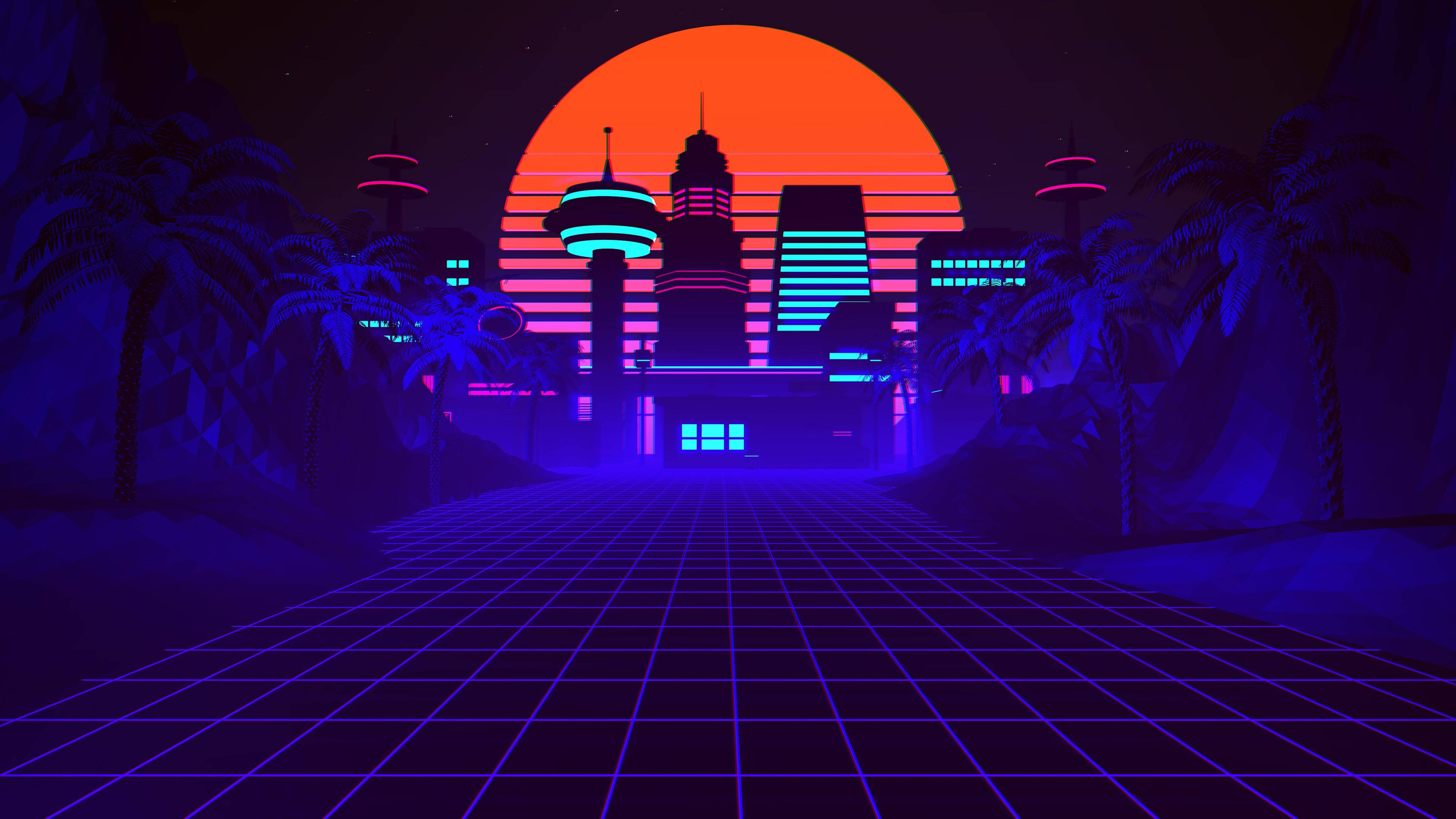 Retrowave Cityscape Buildings 4k Wallpaper