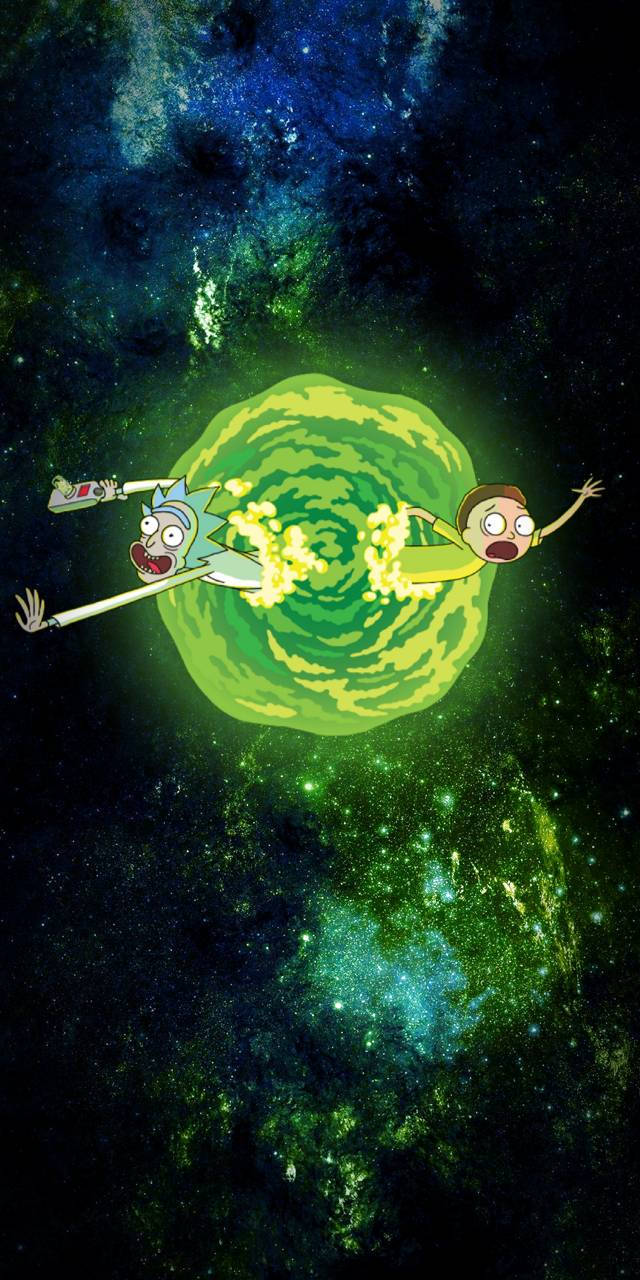 Rick And Morty Exploring A Green Portal Wallpaper