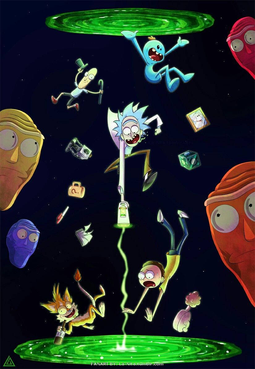 “rick And Morty Getting Sucked Into A Portal” Wallpaper