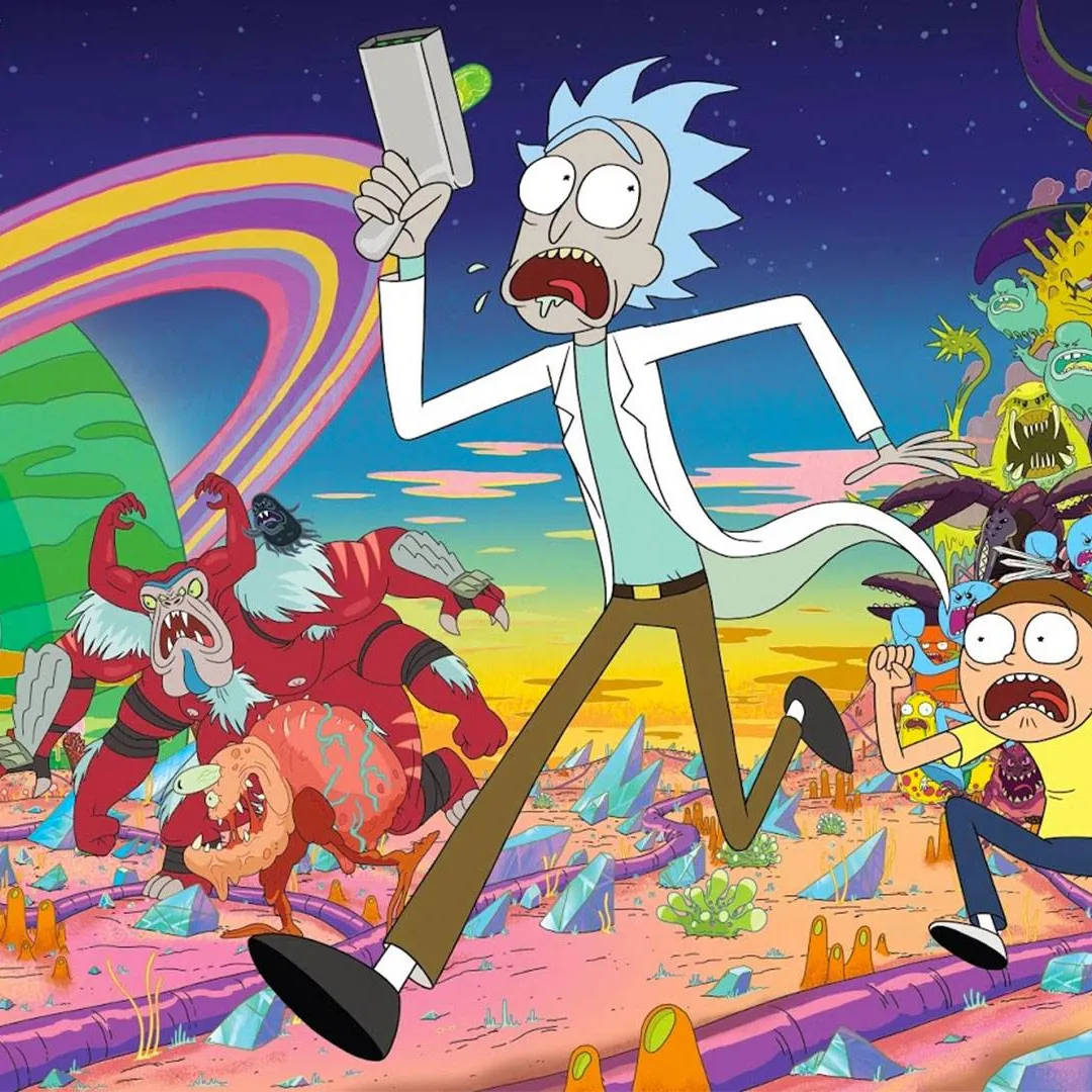 Rick And Morty Running From Aliens Wallpaper