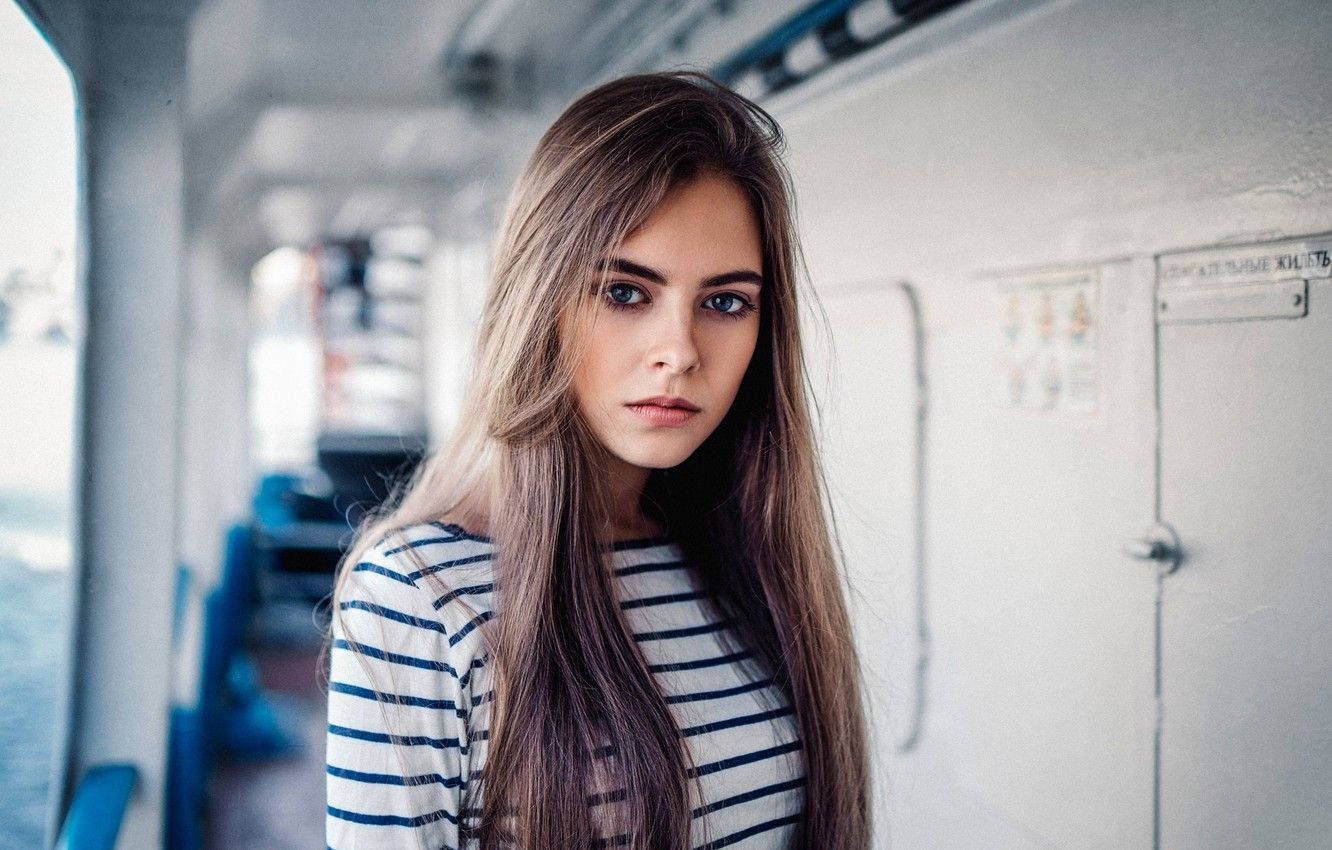 Russian Girl In Blue White Hallway Wallpaper