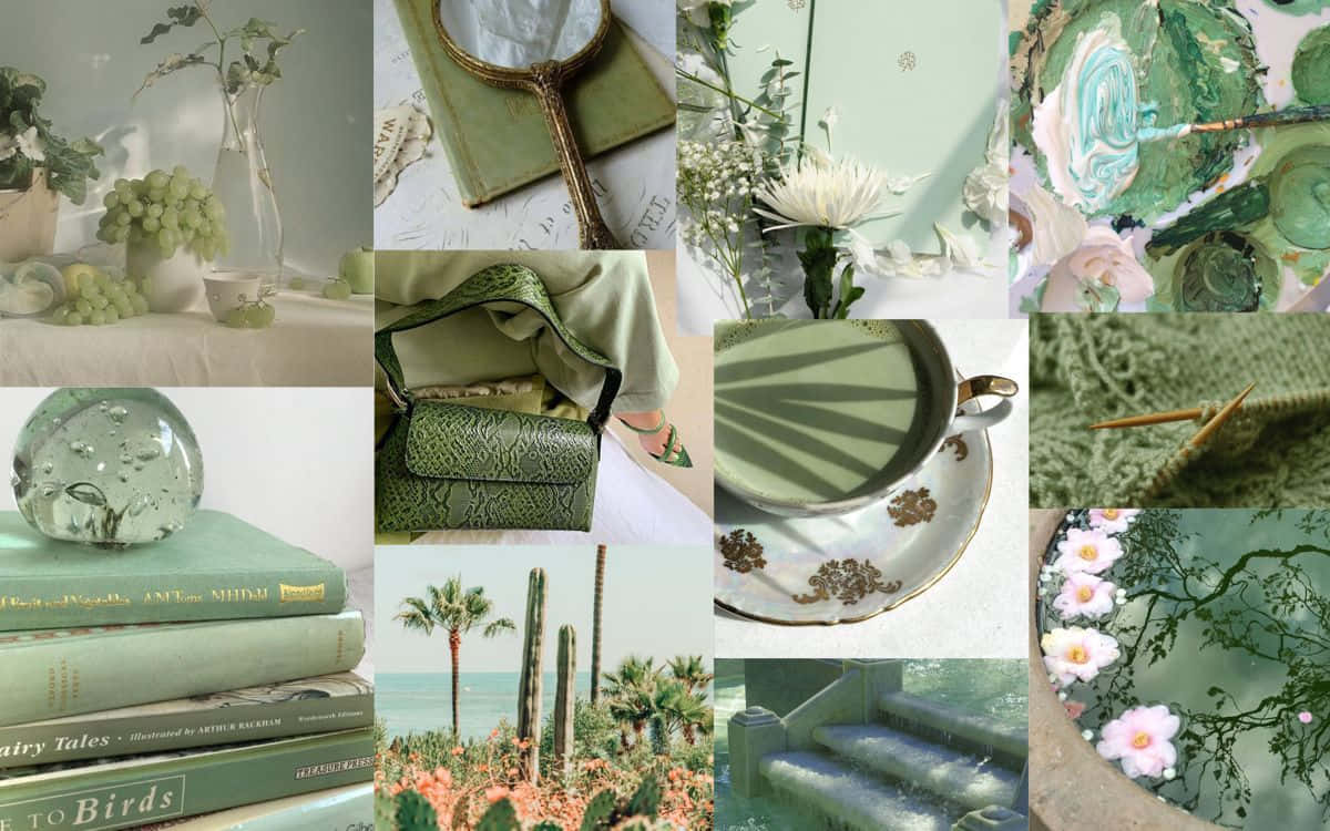 Sage Green Laptop Artistic Collage Art Wallpaper