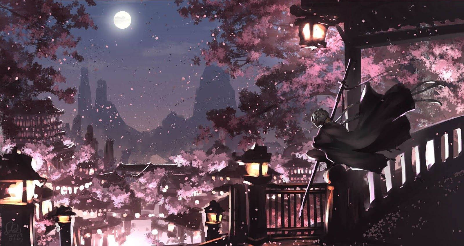 Samurai Looking At An Anime Night City Wallpaper