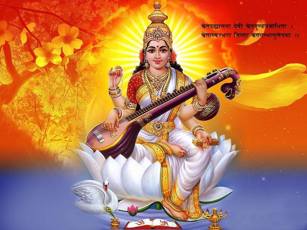 Saraswati Mata Orange And Blue Wallpaper