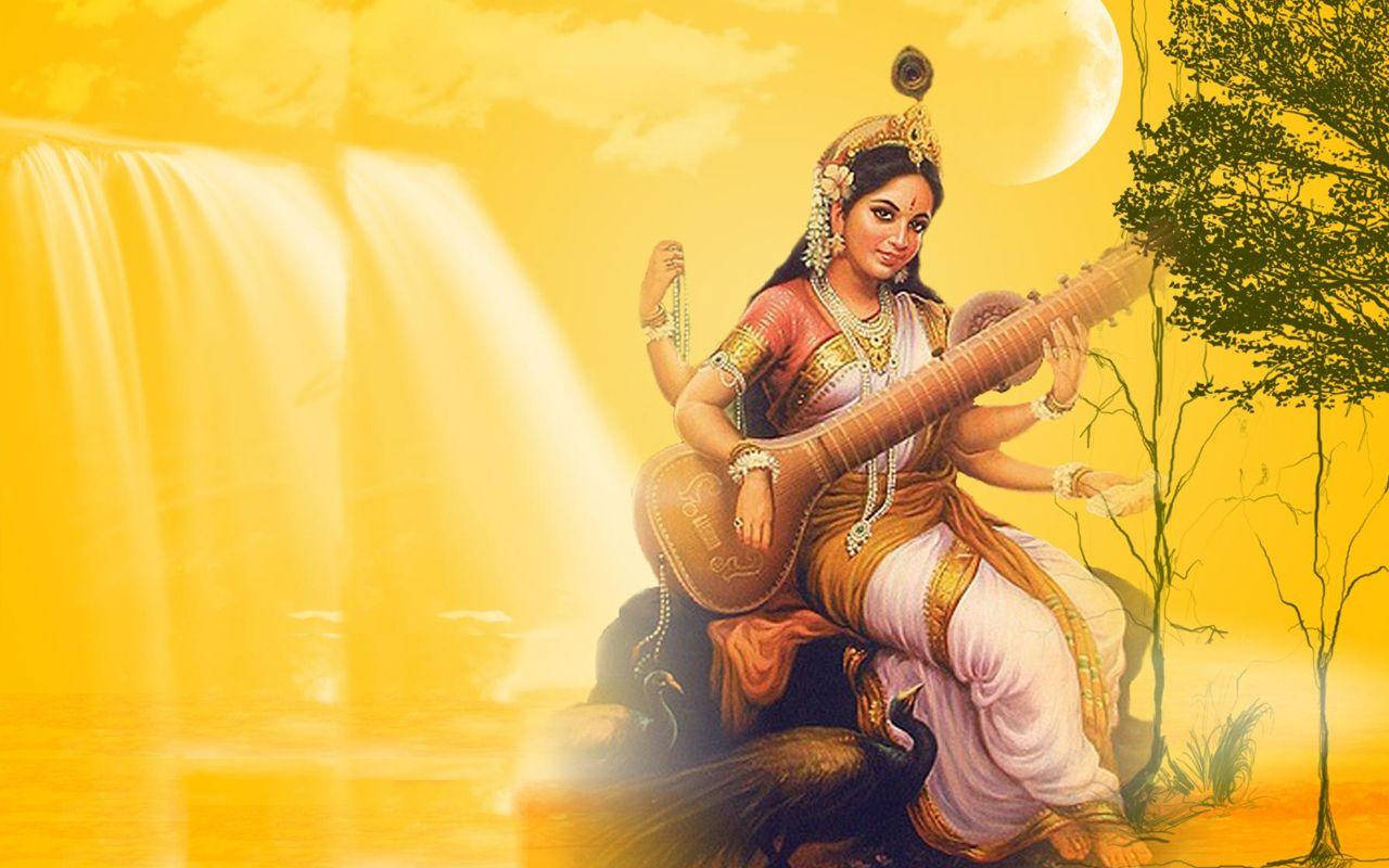 Saraswati Mata Sun Rays Wallpaper