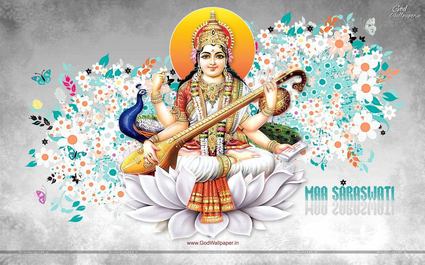 Saraswati Mata With Flowers Art Wallpaper