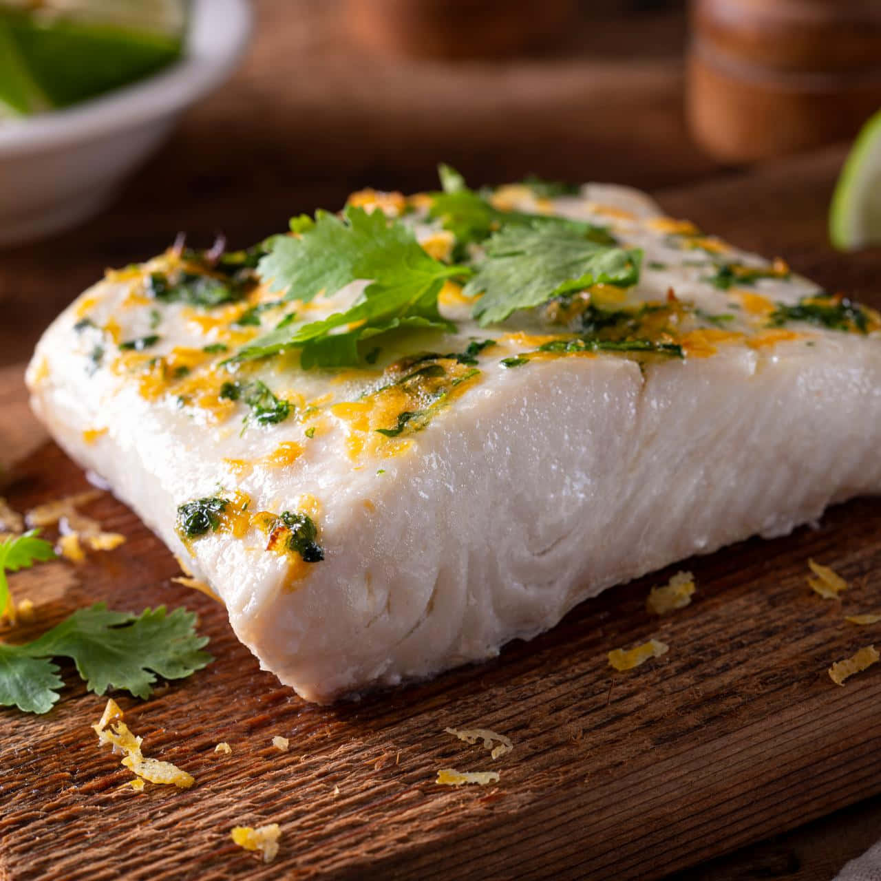 Seasoned Halibut Steak Cilantro Garnish Wallpaper