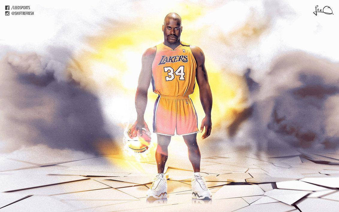 Shaquille O'neal Ignites The Court In Fiery Digital Art Wallpaper