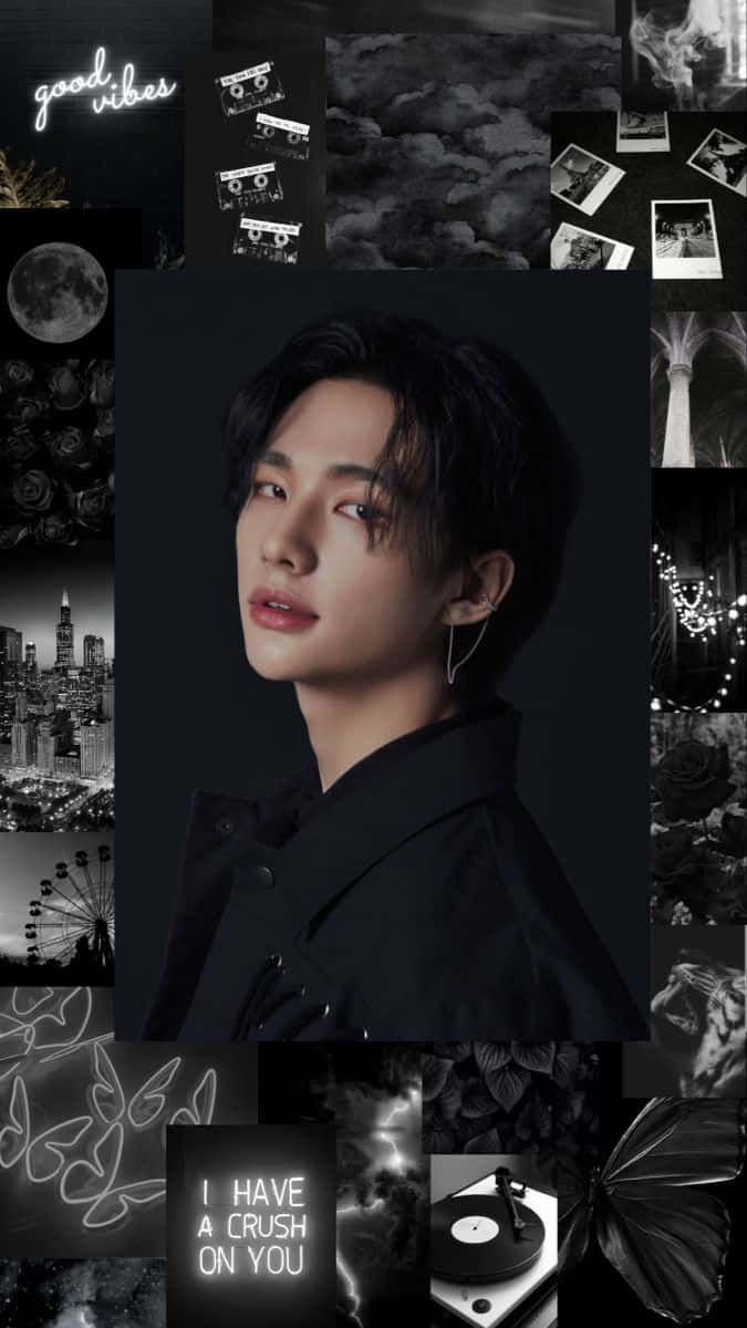 South Korean Celebrity Hyunjin Black And White Aesthetic Wallpaper