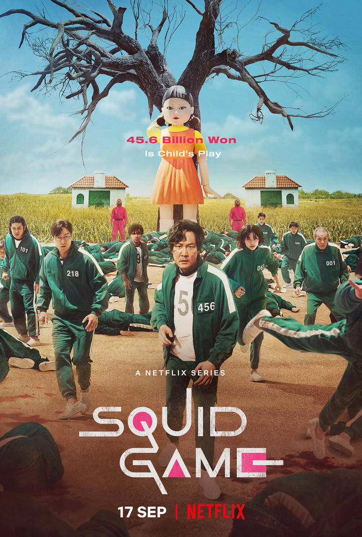 Squid Game Poster With A Group Of Kids In Front Of A Tree Wallpaper