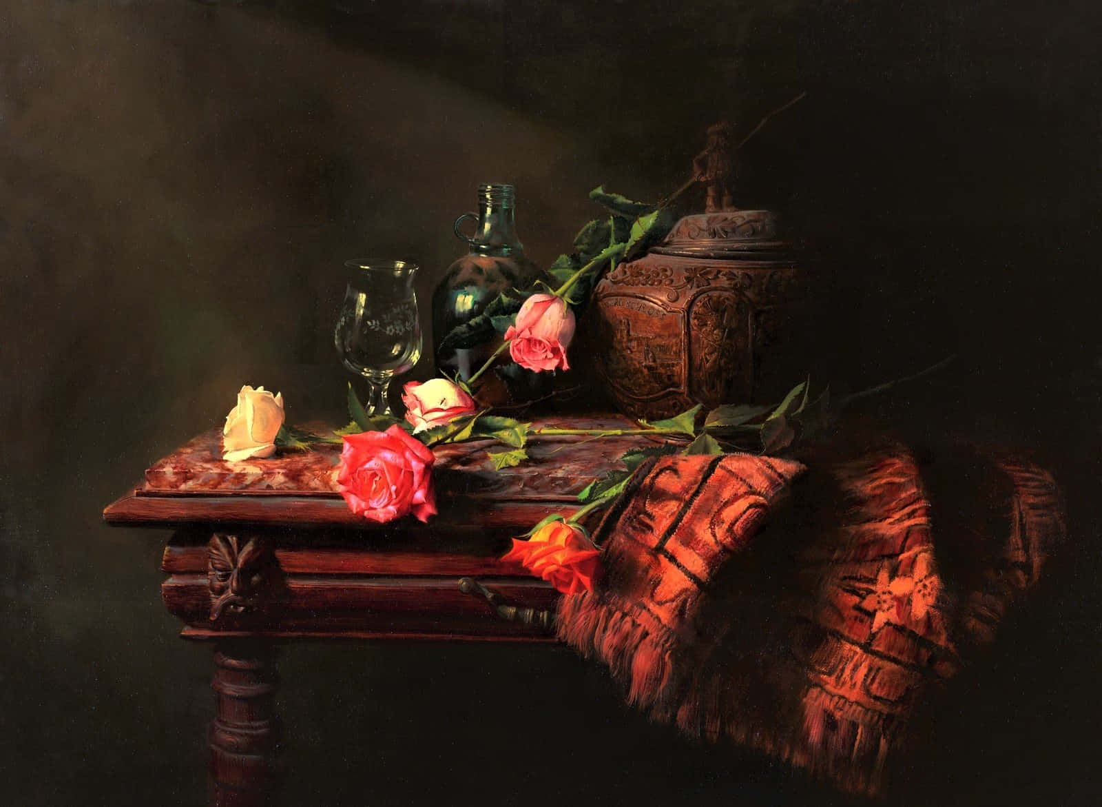 Still Life Roses Antique Table Wallpaper