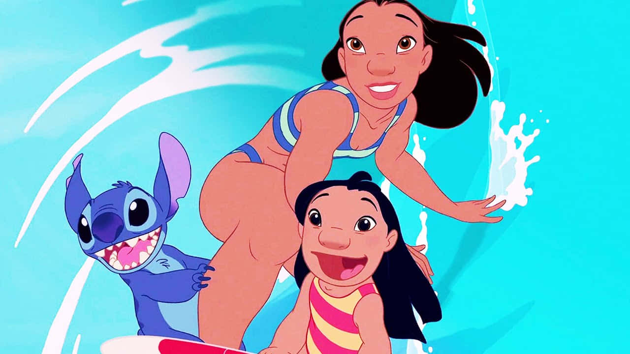 Stitch Lilo And Nani Surfing Wallpaper