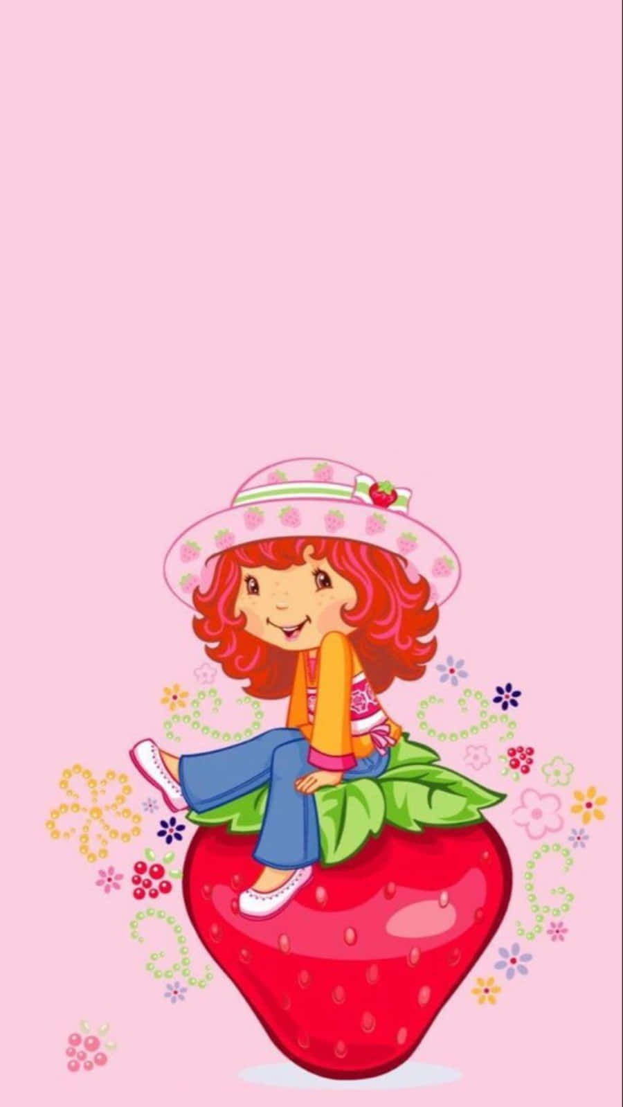 Strawberry Shortcake Sitting On Giant Strawberry Wallpaper