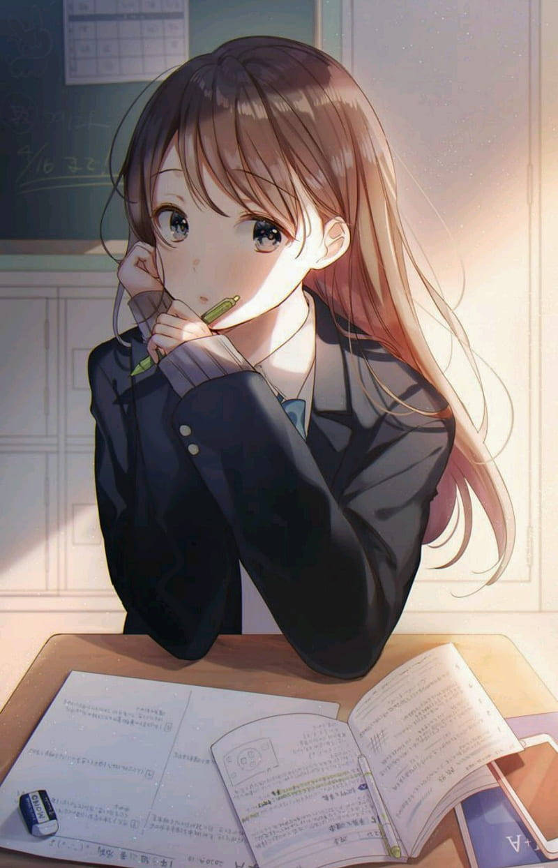 Studying Anime Girl Phone Wallpaper