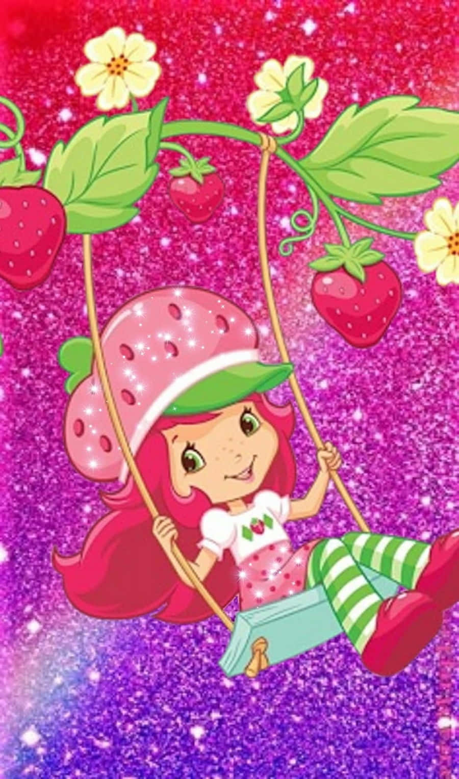 Swinging Strawberry Shortcake On Purple Glitter Wallpaper