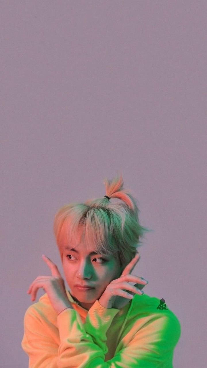 Taehyung Cute Wearing Neon Green Outfit Wallpaper