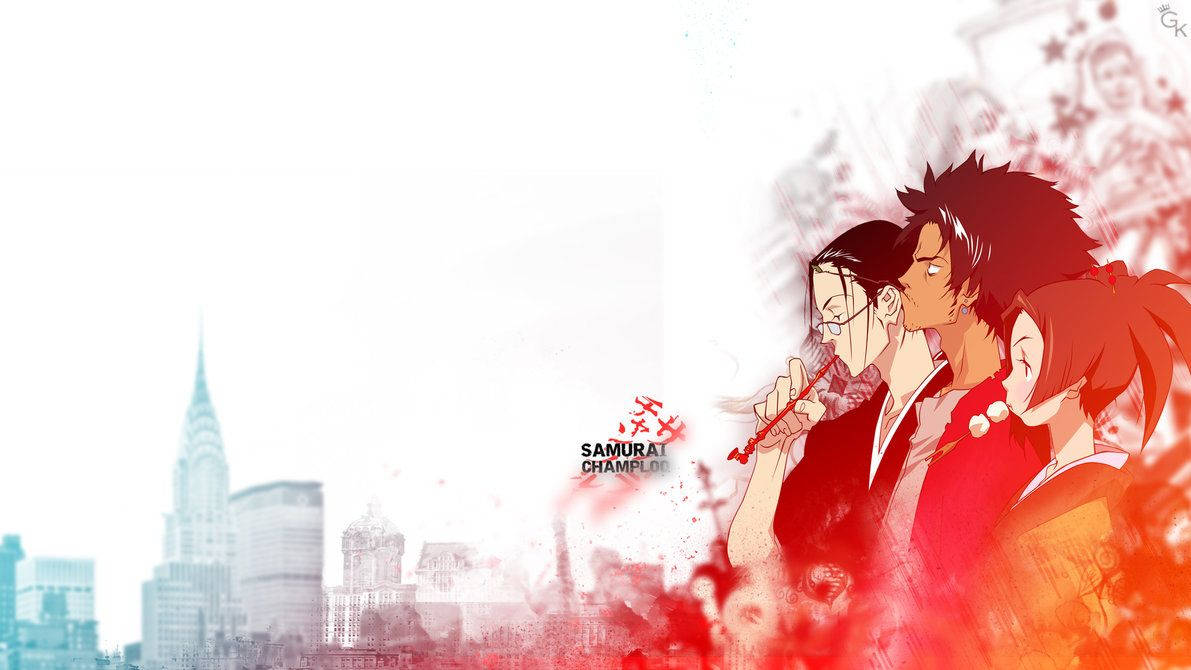 The Warriors Of Samurai Champloo Facing A Grand Cityscape Wallpaper