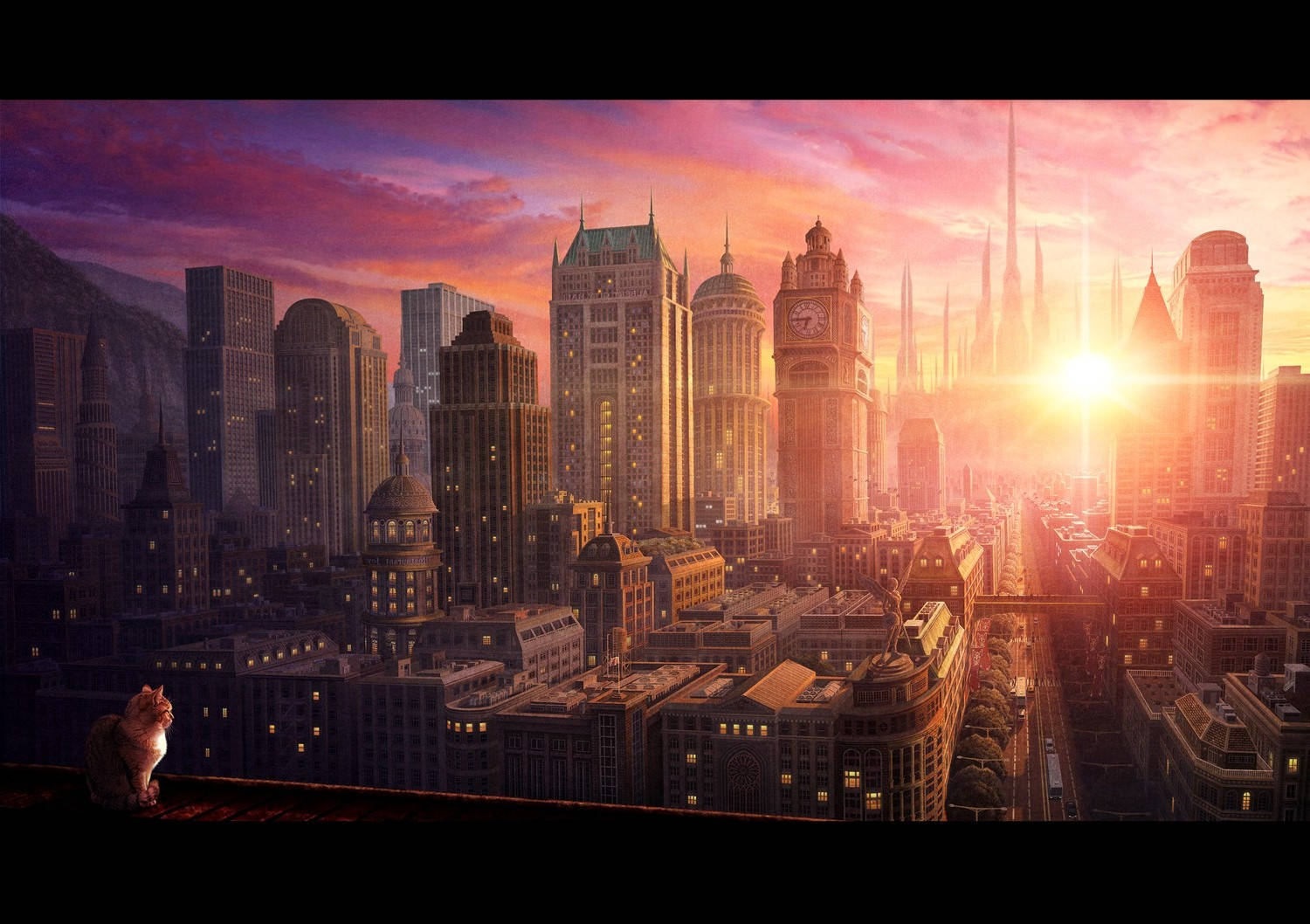 Thorough Pink Sunset City Wallpaper