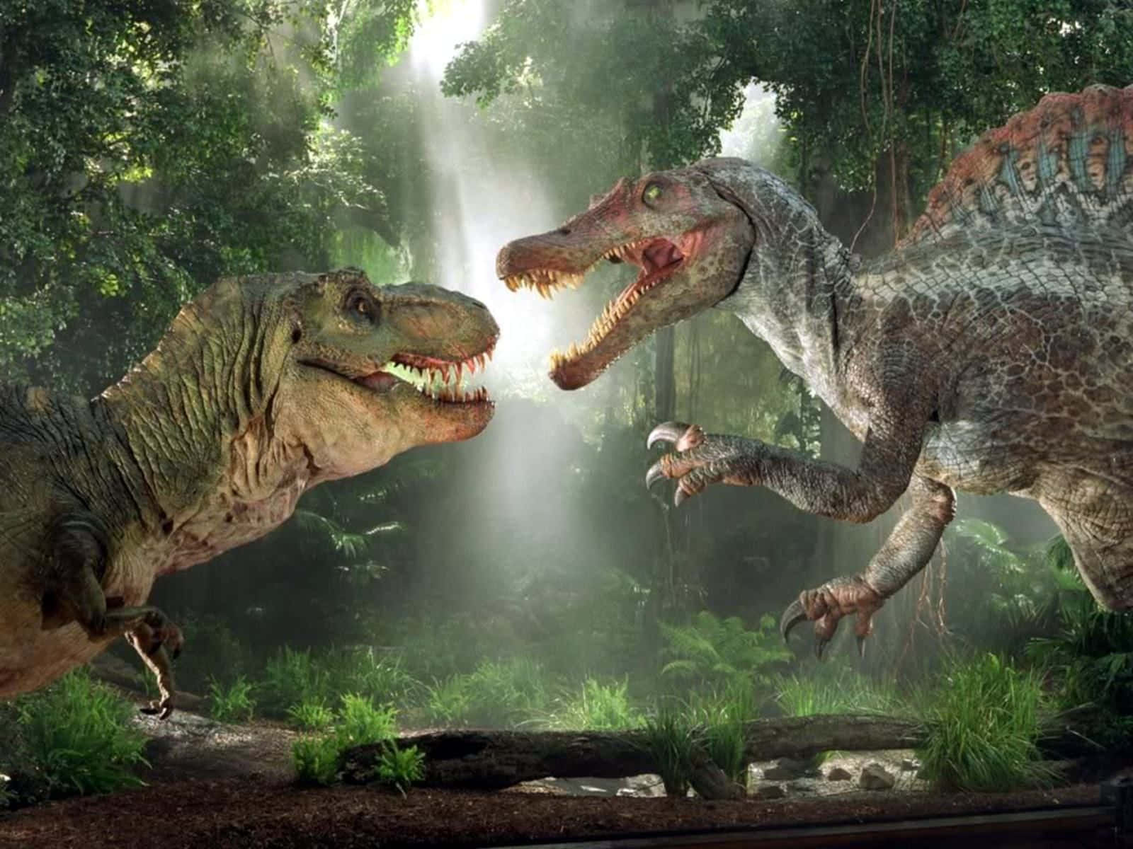 Two Dinosaurs Fighting In The Jungle Wallpaper