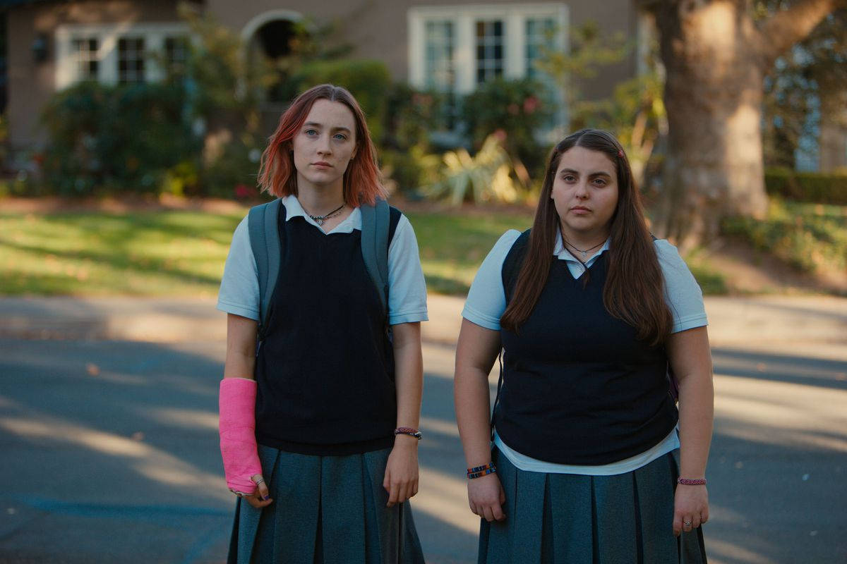 Two High School Girls In Movie Lady Bird Wallpaper