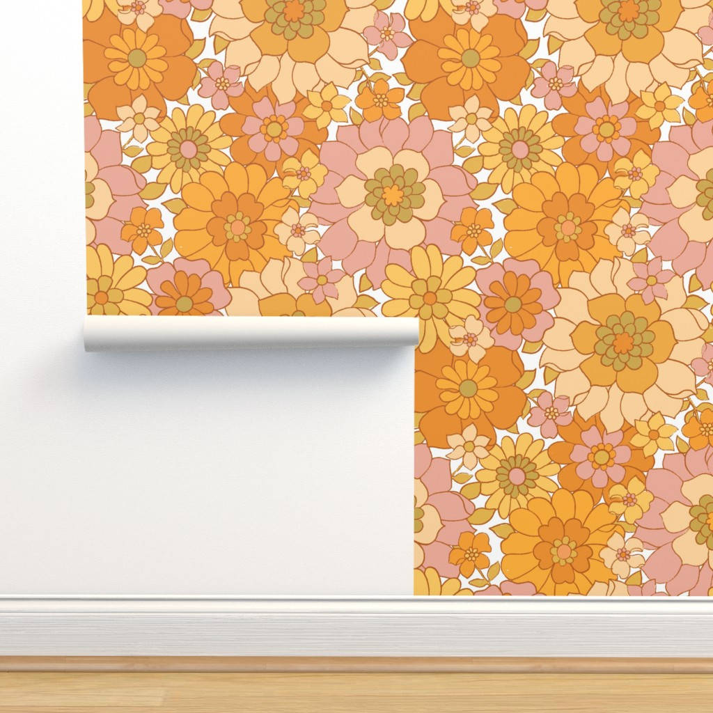 Vintage 70s Orange Floral Patterns Wallpaper