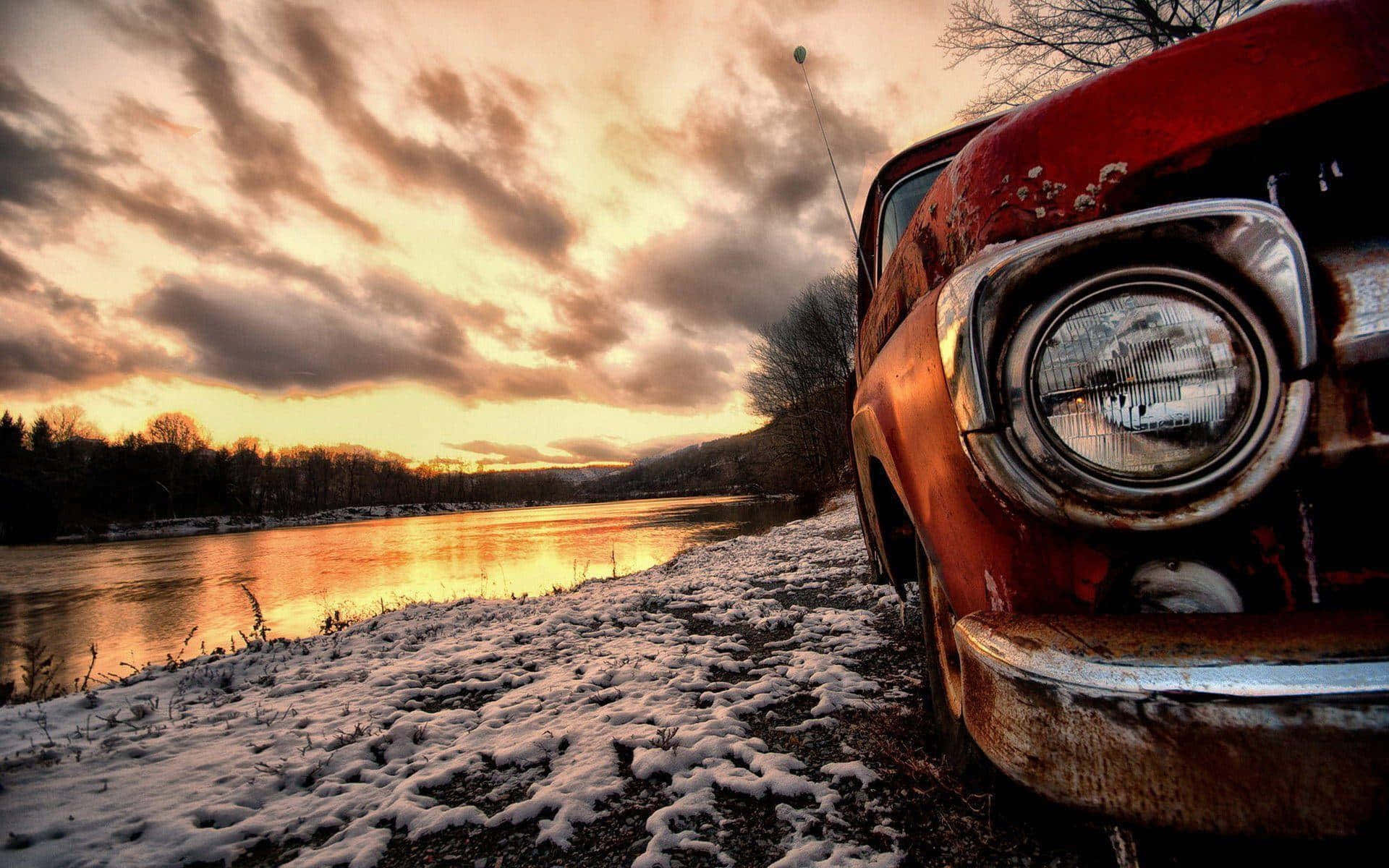 Vintage Car Sunset Riverside Winter Wallpaper