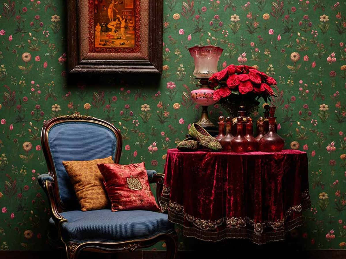 Vintage Green Room Still Life Wallpaper