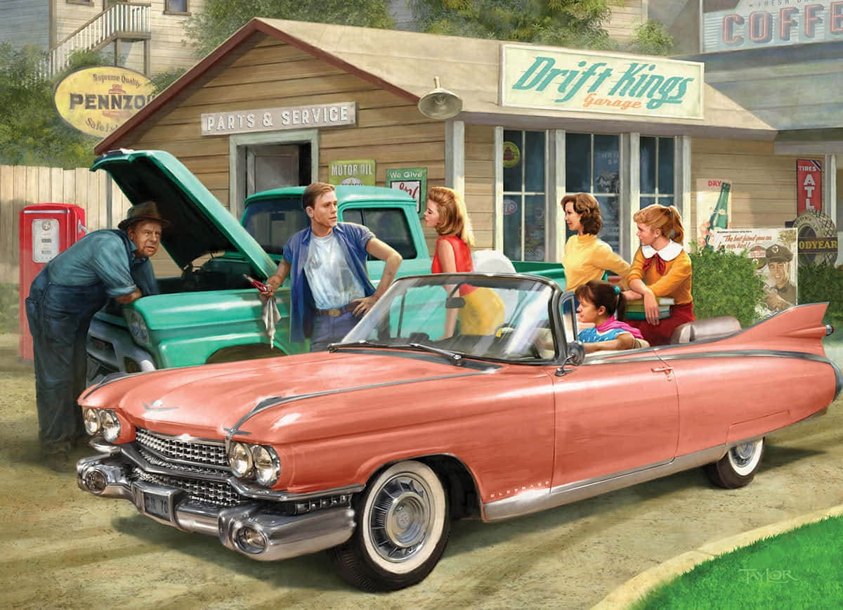 Vintage Pink Car Drives Into The Sunset Wallpaper