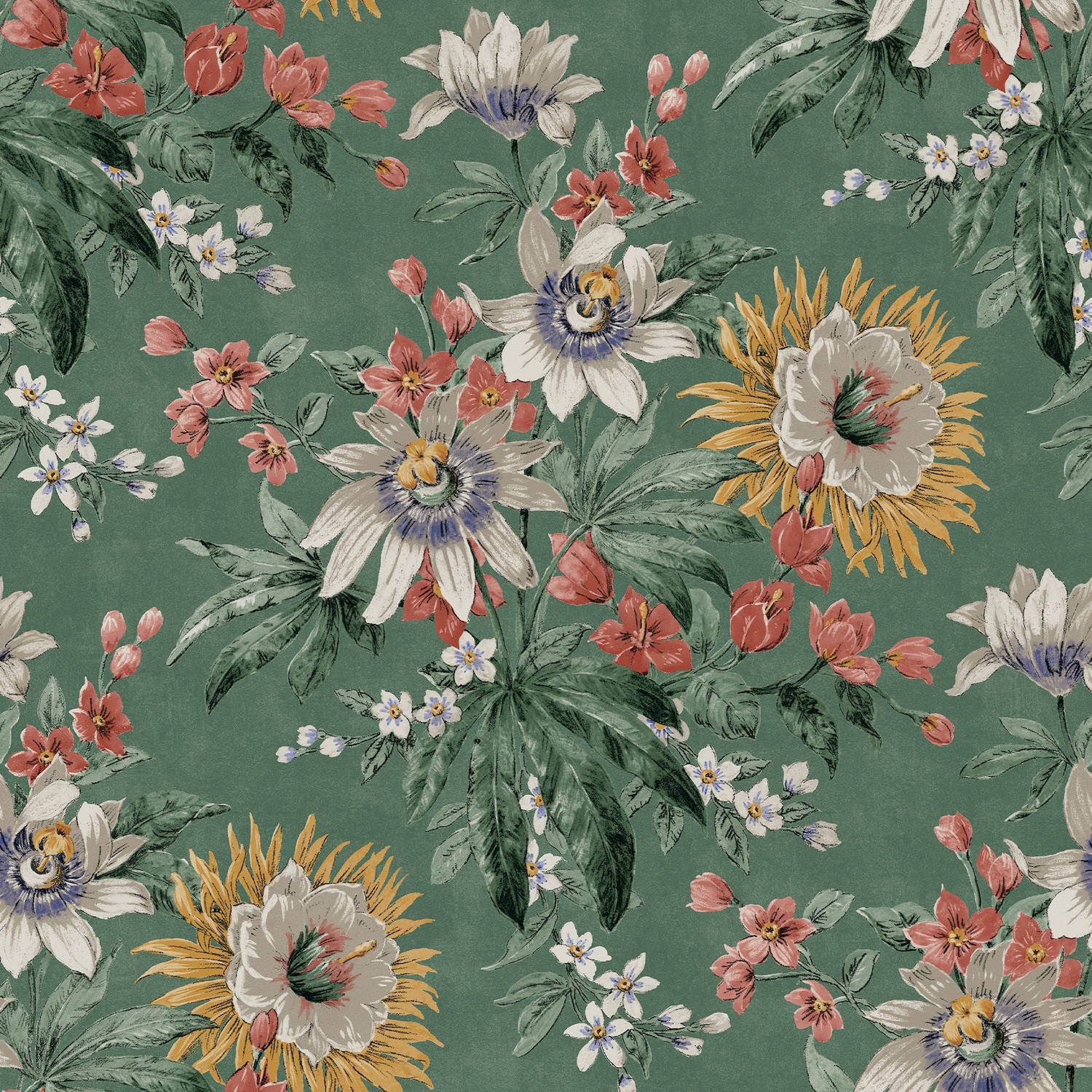 Viridian Painted Flowers Leaves Wallpaper