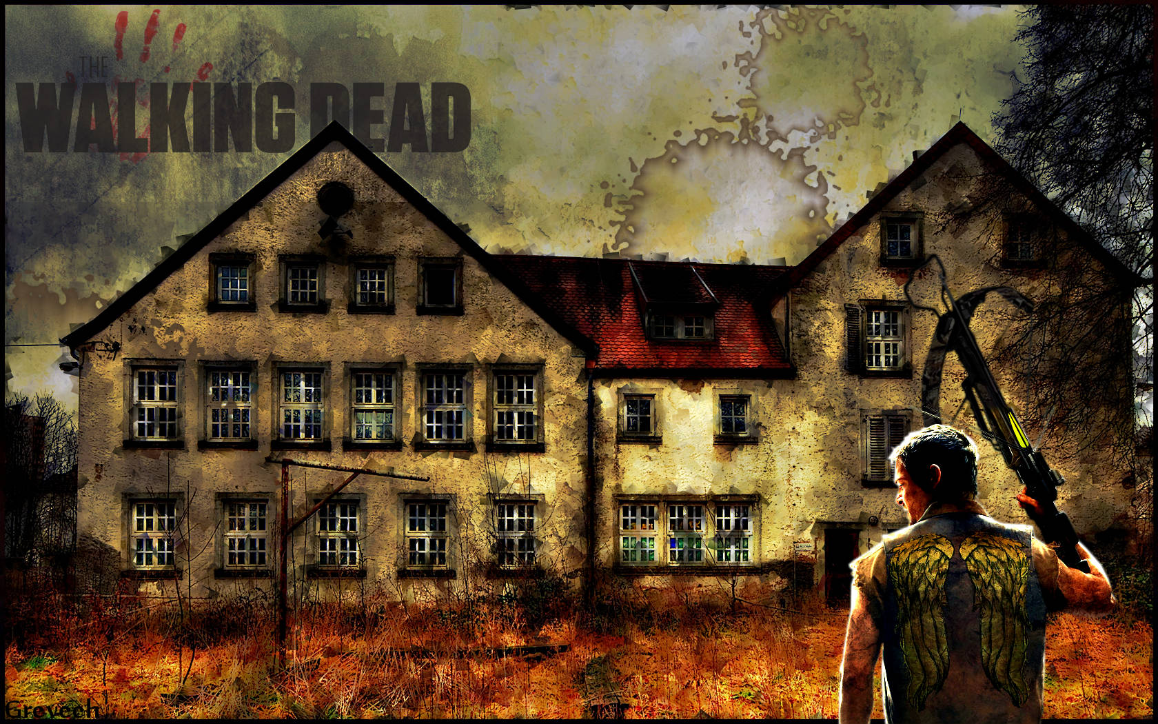 Walking Dead Daryl Facing House Wallpaper