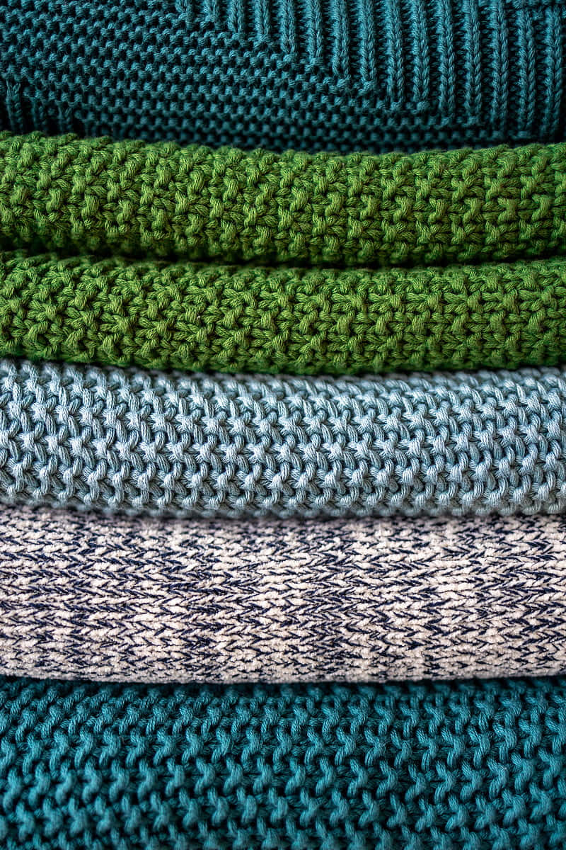 Warm And Cozy Green And Blue Knitted Sweaters Wallpaper