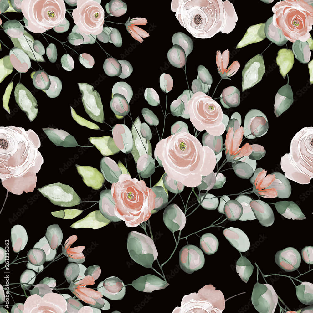 Watercolor Rose Black And Pink Flower Wallpaper