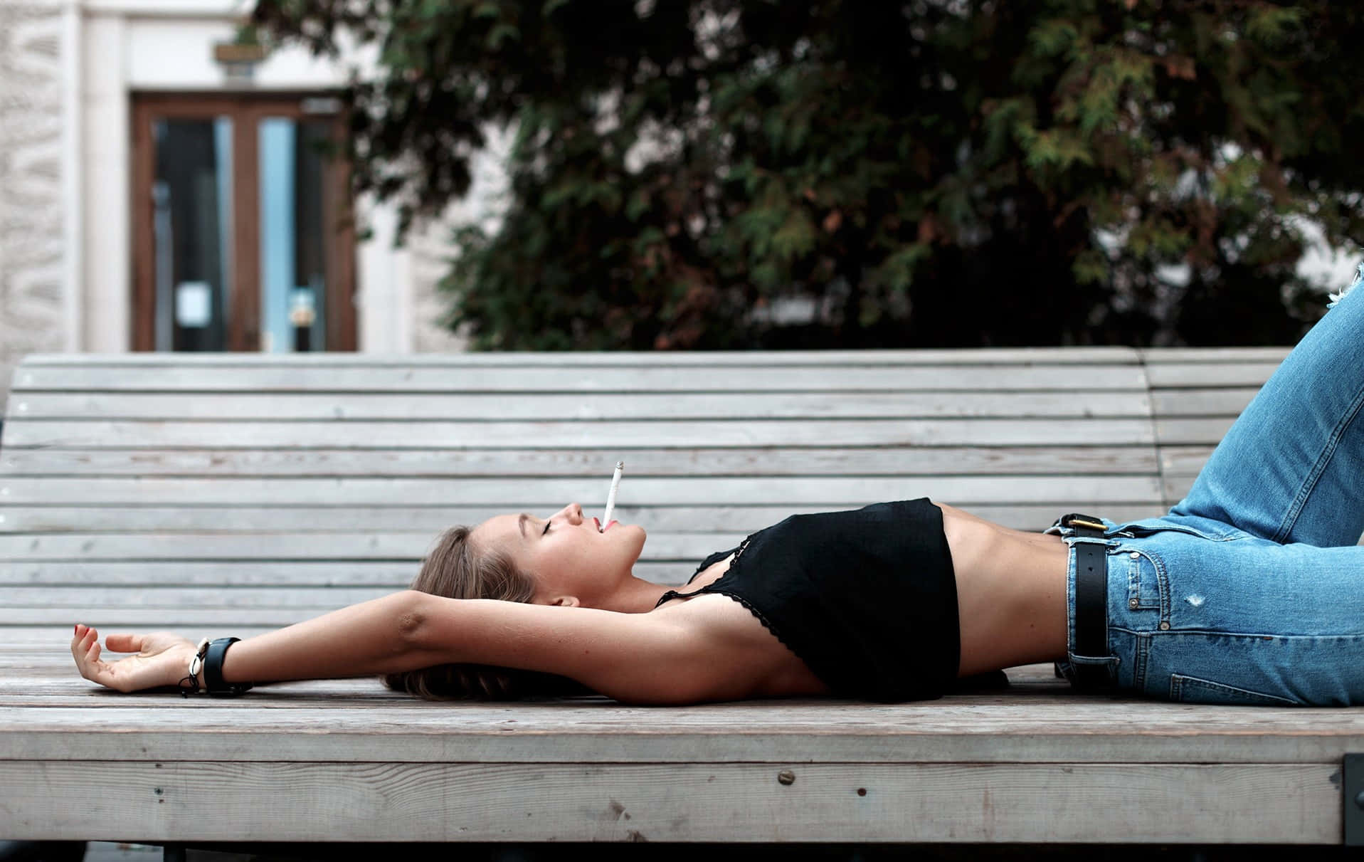 Woman Profile Lying On The Park Bench Wallpaper