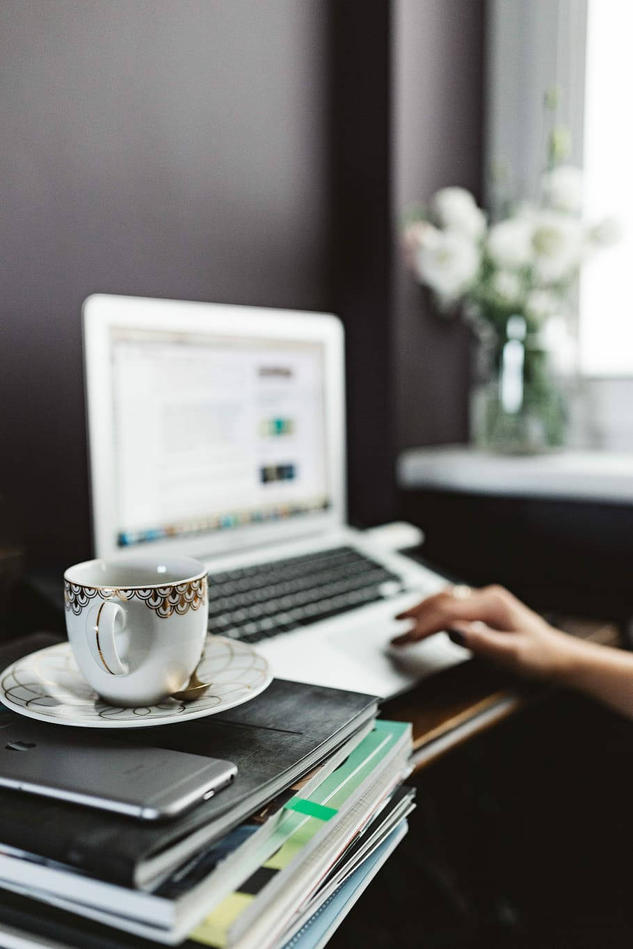 Work Station With Coffee And Books Wallpaper