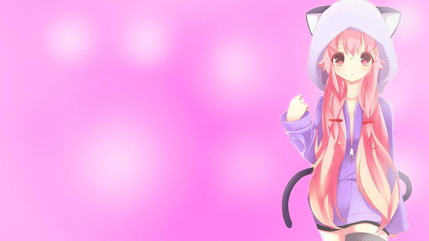 Yuno Gasai With Hoodie On Kawaii Pink Background Wallpaper