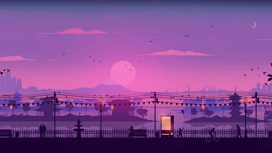 2048x1152 Aesthetic Purple Mount Fuji Silhouette Wallpaper