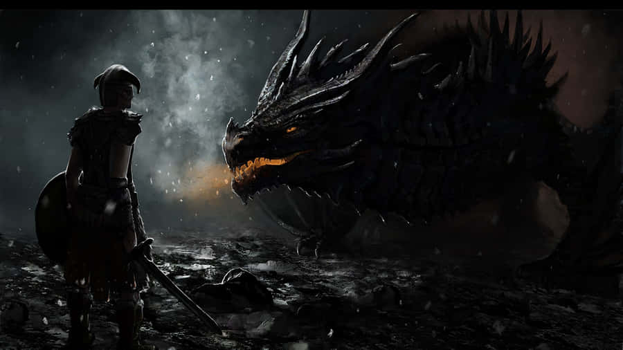 2560 X 1440 Skyrim Dark Dragon And Man Wallpaper