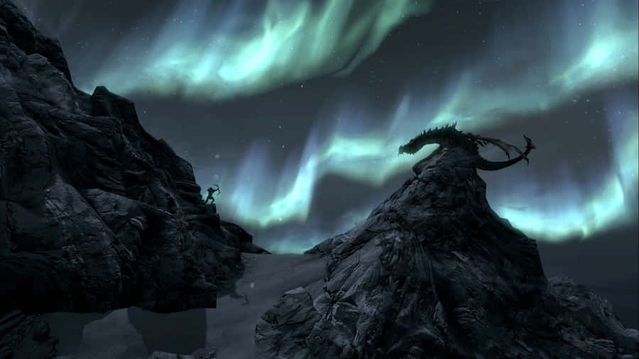 2560 X 1440 Skyrim Dragon With Northern Lights Wallpaper
