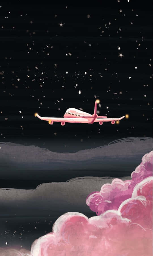 A Beautiful Pink Airplane Flying Against A Bright Blue Sky Wallpaper