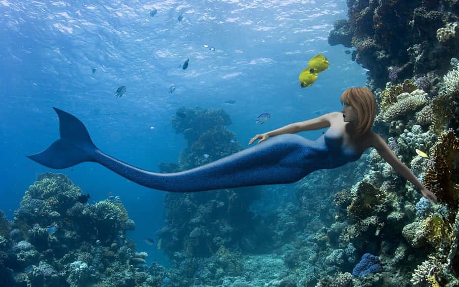 A Beautifully Tailed Mermaid Swims In The Sea Wallpaper