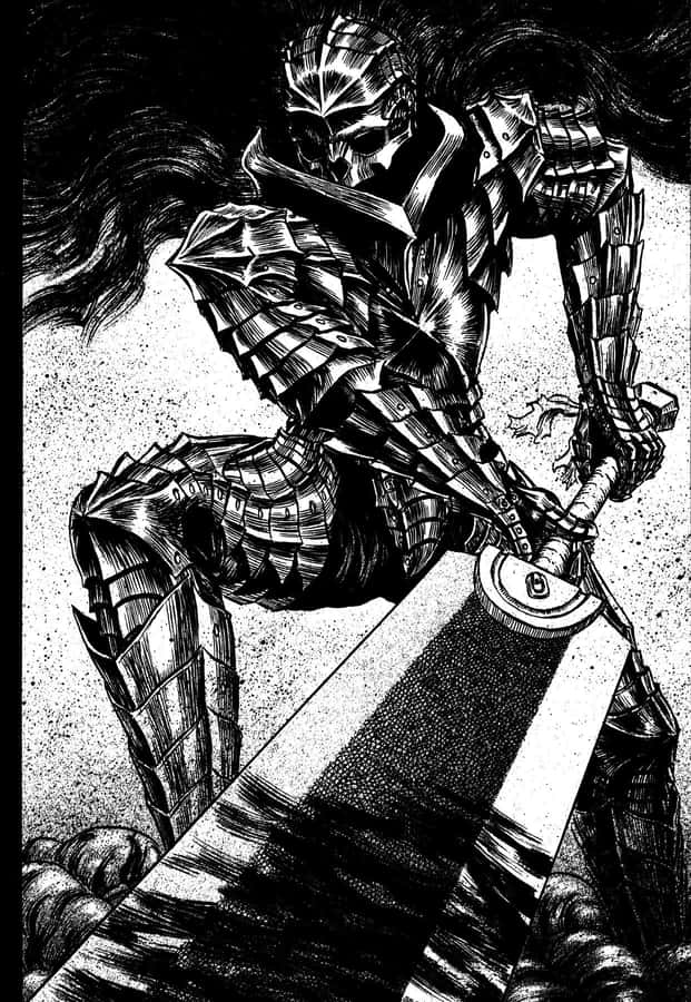 A Black And White Drawing Of A Man Holding A Sword Wallpaper