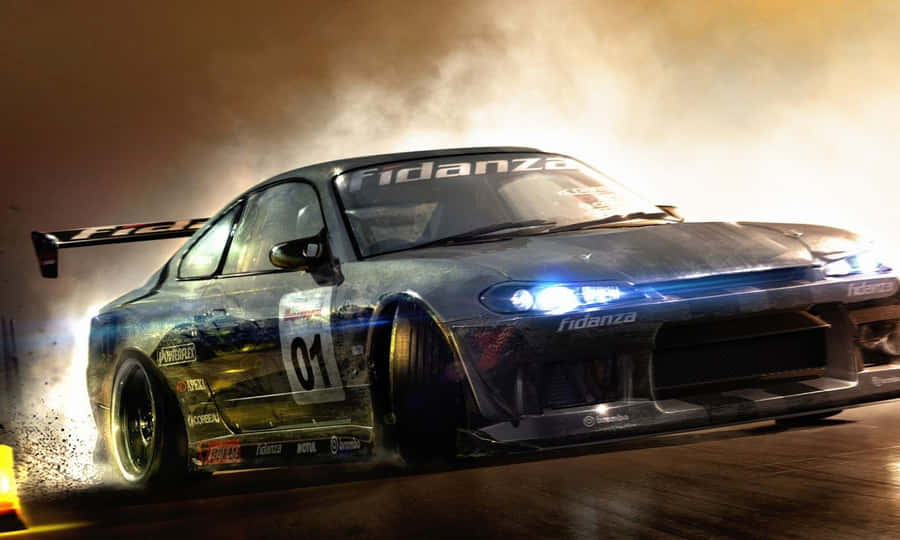 A Car Driving Down A Track With Smoke Coming Out Of It Wallpaper