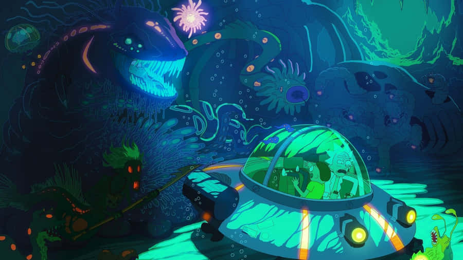 A Cartoon Of A Spaceship In The Ocean Wallpaper