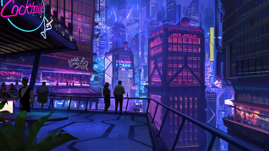 A City With Neon Lights And People Standing On The Rooftop Wallpaper