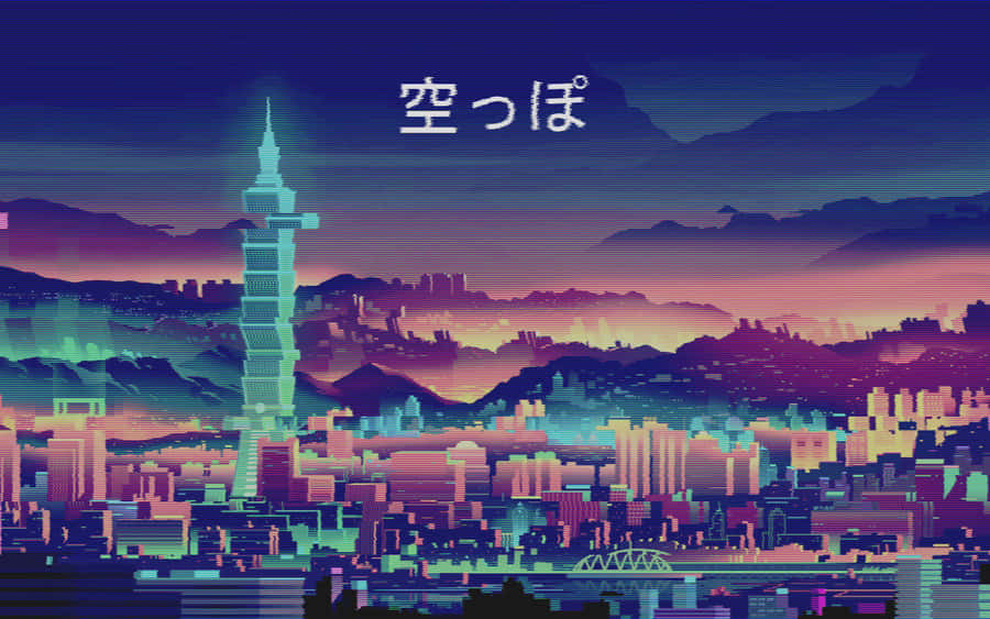 A Cityscape With Neon Lights And A City In The Background Wallpaper
